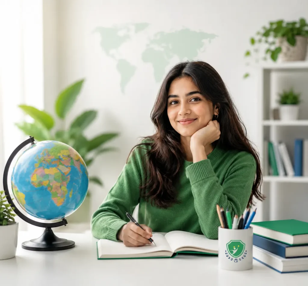 Young female student studying at a desk with globe, books, and stationery in a modern office setup for a Study Abroad Consultancy in Kochi.